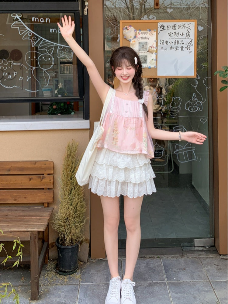 Flutter Bear Print Sleeveless Top Sweet Pink Sleeves Cartoon