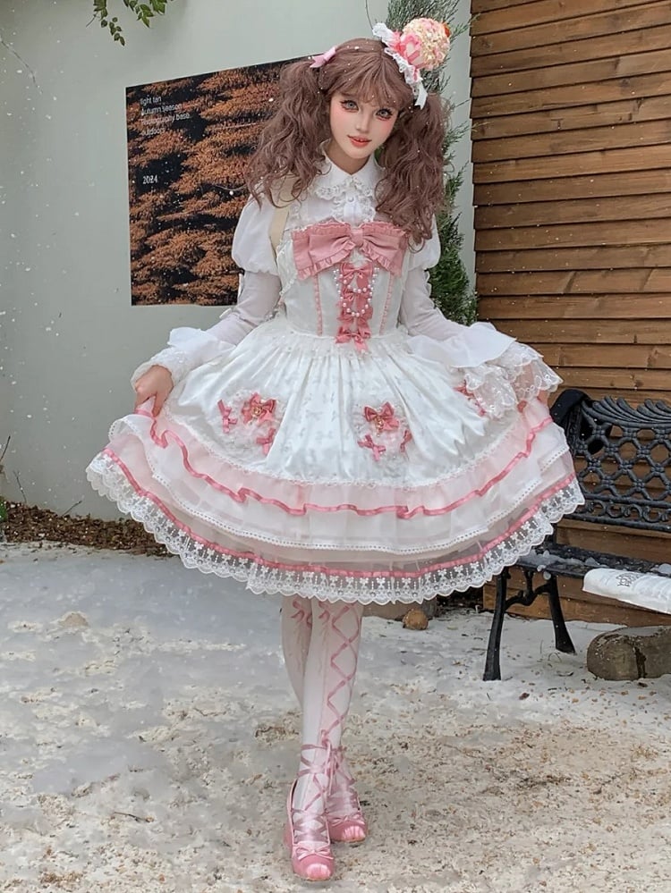 White and Pink Bowknot Details Tiered Skirt Sweet Lolita Dress Jumper Skirt
