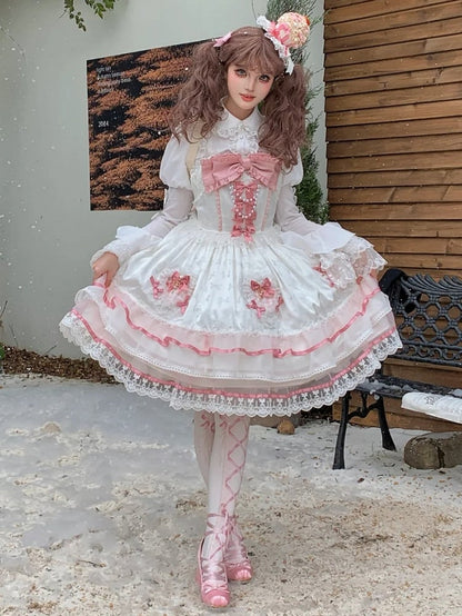 White and Pink Bowknot Details Tiered Skirt Sweet Lolita Dress Jumper Skirt