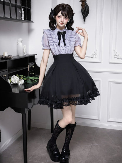 Gray Ruffled Blouse & Black Short Skirt Fake Two Pieces Lolita Dress - With PUJI