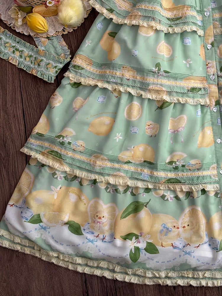 Button Lemon Print Short Skirt Placket Lolita Sleeves Tiered and Front Dress Green Chick