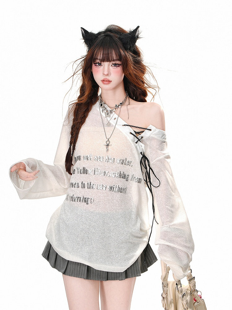 Schwarz/weißes, halbtransparentes Sonnenschutz-Top mit asymmetrischem Ausschnitt und Schnürdetail