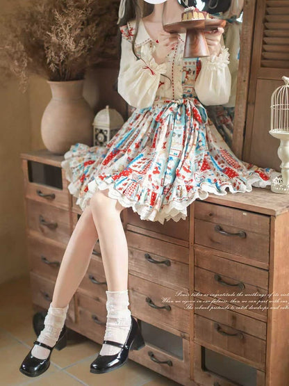 Red with Style Patchwork Long Lolita Blue Showa Dress: Sleeve Belt Sweet Waist Retro