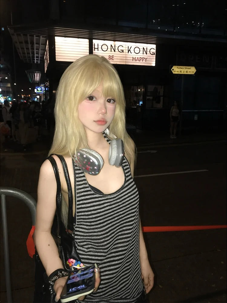 ホワイトストライプホルターネックトップ ブラック ヴィンテージ バックレス