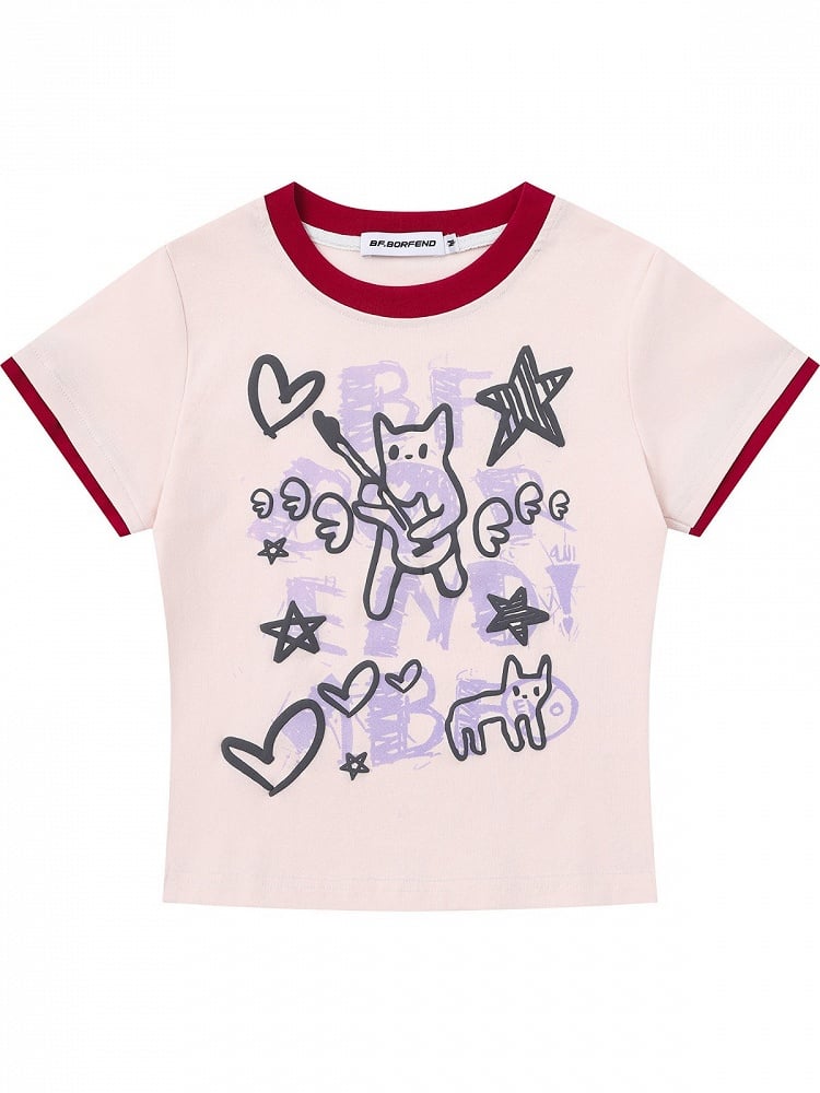 Pink Crew Neck Short Sleeve T-Shirt with Graffiti Prints - Languid Park