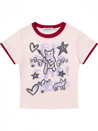 Pink Crew Neck Short Sleeve T-Shirt with Graffiti Prints - Languid Park