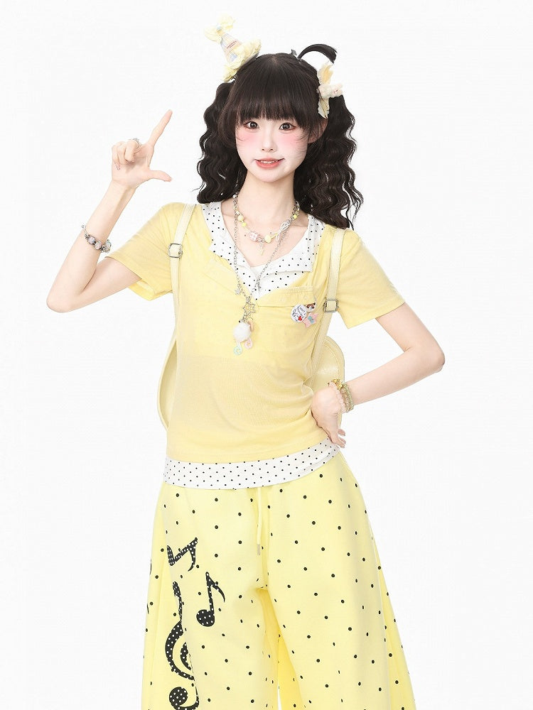 Yellow Casual Fake Two-Piece T-Shirt with Polka Dot - Languid Park