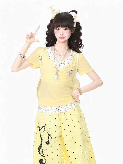 Yellow Casual Fake Two-Piece T-Shirt with Polka Dot - Languid Park