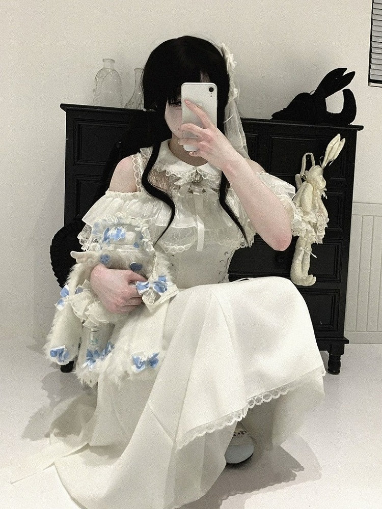 Off-Shoulder Jacquard Dress with Bow Accents, Peter Pan Collar, 4 Colorways - Kitty Bxllet