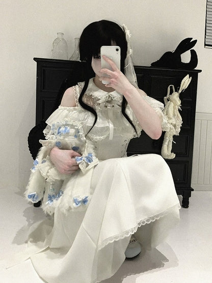 Off-Shoulder Jacquard Dress with Bow Accents, Peter Pan Collar, 4 Colorways - Kitty Bxllet