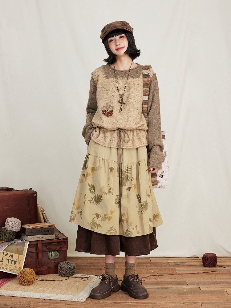 Drawstring Two-Piece Coffee Sweater Mock Pinecone Waist Kawaii Print with Vintage
