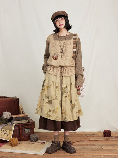 Drawstring Two-Piece Coffee Sweater Mock Pinecone Waist Kawaii Print with Vintage
