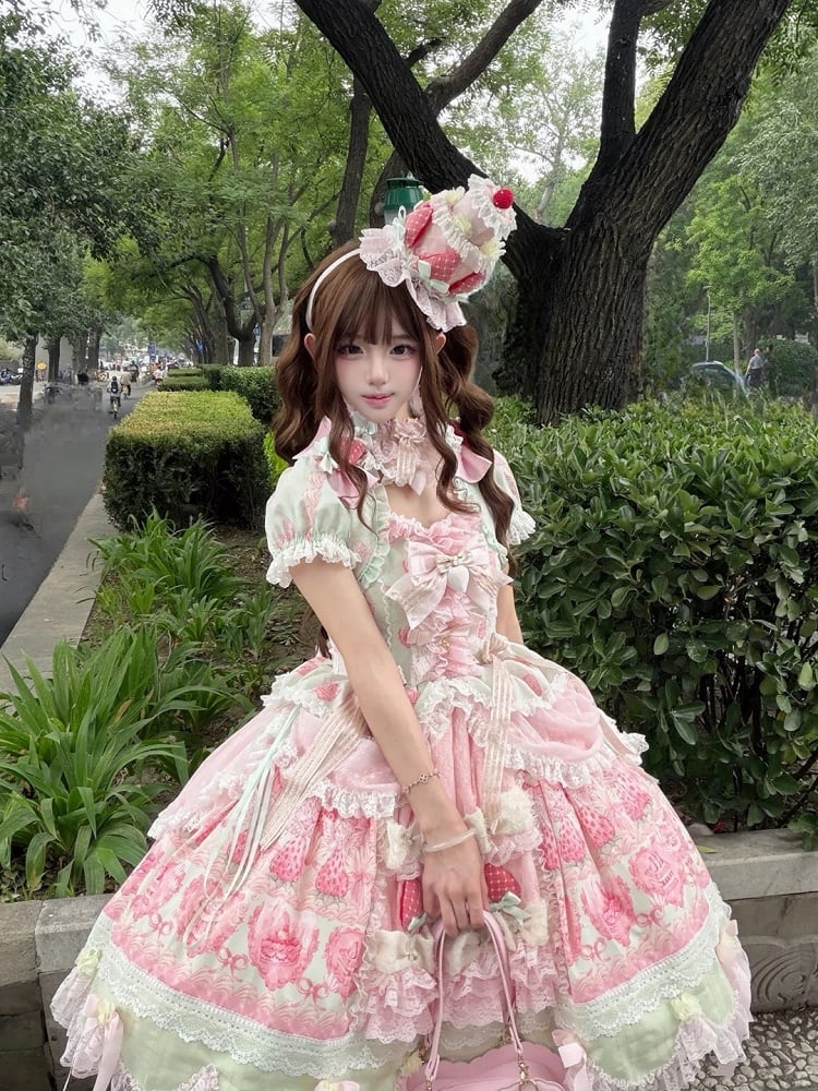 Green & Pink Strawberry Cake Print Bell Sleeve Lolita Dress - Ball Lolita