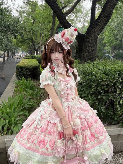 Green & Pink Strawberry Cake Print Bell Sleeve Lolita Dress - Ball Lolita