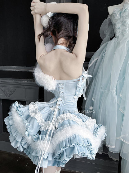 Blue Bunny Ears Bowknot Bodice Layered Skirt Boning Dress + Cropped Cape Top Set