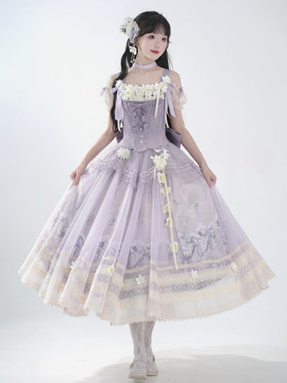 Klassischer Langer Rock Lolita Dekoration + Jasmine Top Print Set Lila Korsett Floral