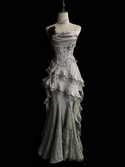 Asymmetric High-Low Skirt with Cascading Ruffle Trim in Silver Gray - With PUJI