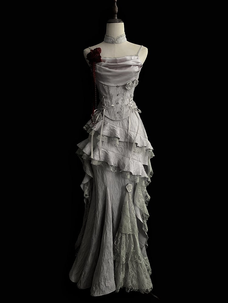 Asymmetric High-Low Skirt in Silver Gray with Cascading Ruffle Trim - With PUJI