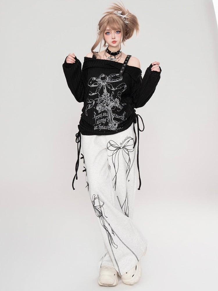 Schwarz/Hellgraue Jogginghose mit Schleife und geradem Bein