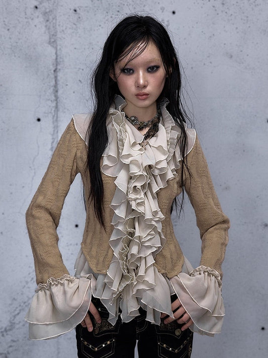 Ruffled Cuffs Khaki Top Bell Sleeve with Jabot Flounced Long