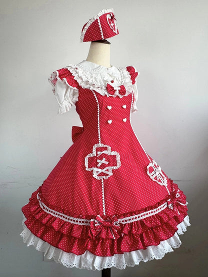 Rüschenmuster Saum Lagenkleid Polka-dot Lolita Red Nurse