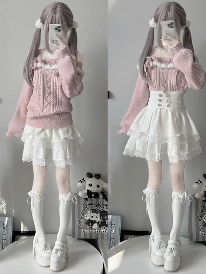 ジライケイ ピンク オフショルダー リボンアクセント 地雷風セーター