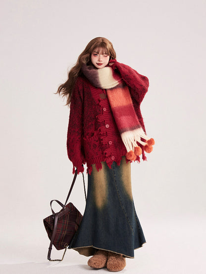 Blue Irregular Skirt Washed with Mermaid Hem Denim Vintage