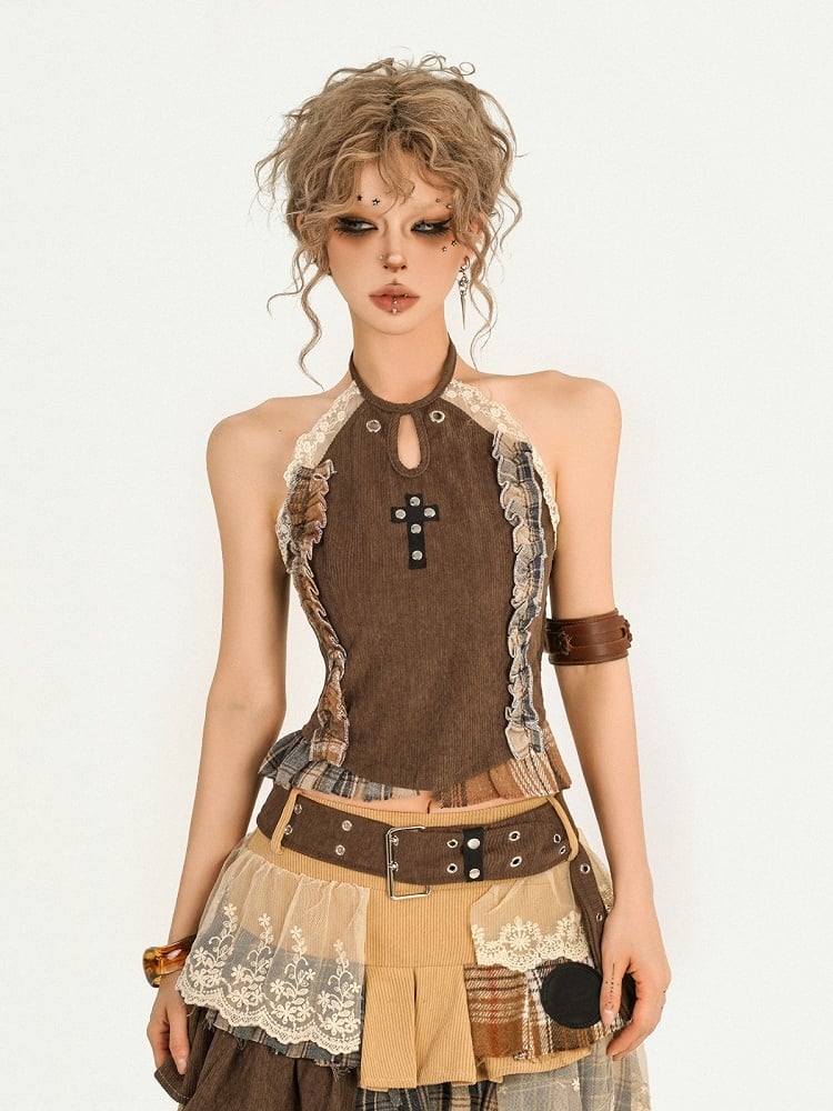 Plaid Halter Lace Trim Sleeveless Brown Wasteland Top