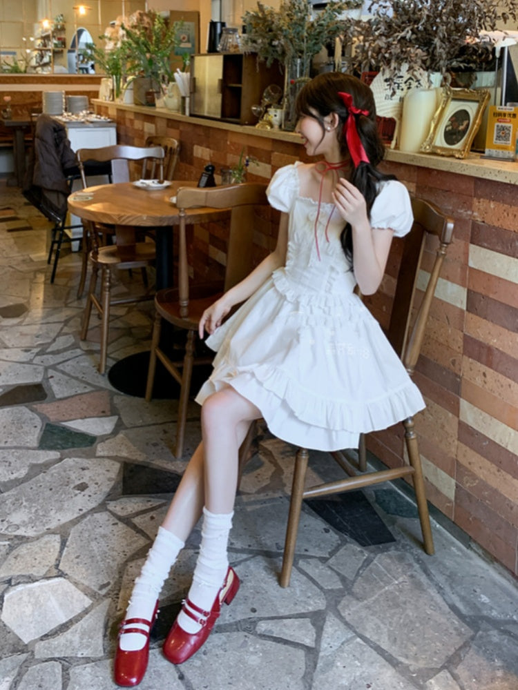 White Ruffled Square Neckline Puff Sleeves Tiered Ruffles Sweet Dress