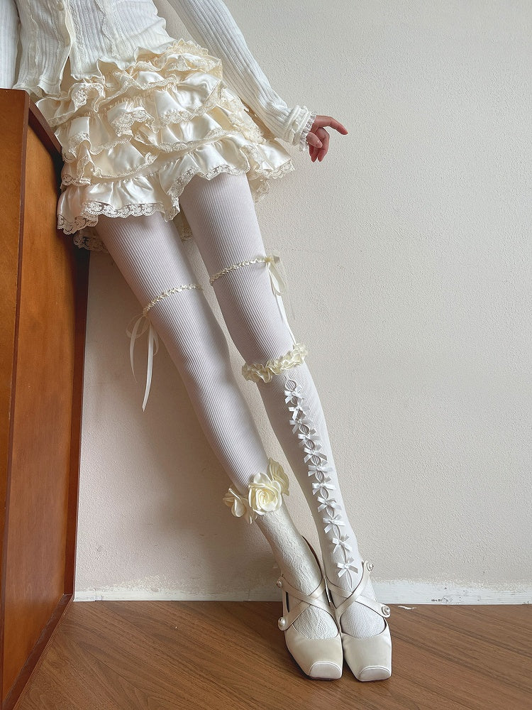 Vertical White with Strip Pattern Lace Bowknot Trim and Apricot/Pink/Blue Striped Tights
