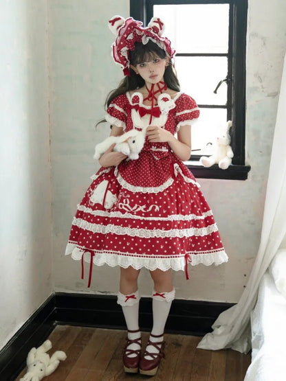 Red Pattern Neckline Plush Sweet Polka Dots Square Bunny Lolita Dress Ears