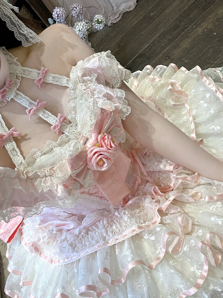 Rosa Kleid Rüschen Korsett Fee Prinzessin Spitze Kei Neckholder Stufenhals Taille Rock