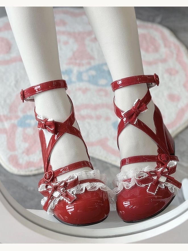 Lolita Sweet Toe – Rote Win Round-Schuhe mit mittlerem Absatz