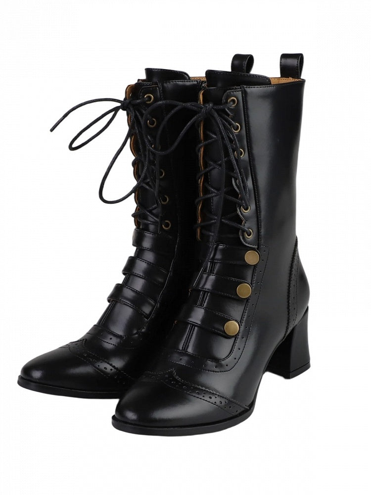Black Ouji Mid Calf Lolita Boots Lace Up Buckle Accent Style - MODO