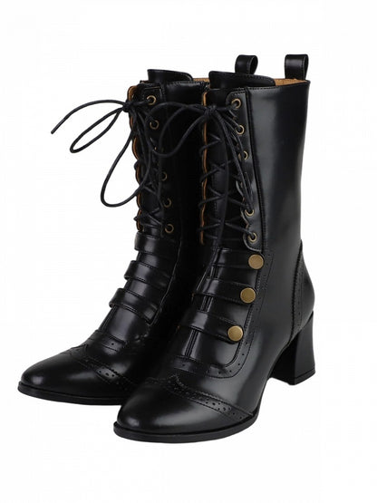 Black Ouji Mid Calf Lolita Boots Lace Up Buckle Accent Style - MODO