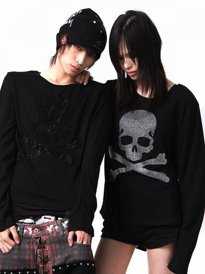 Skull Rhinestone Long Sleeve Top with Breathable Round Neck - DETW OnLine