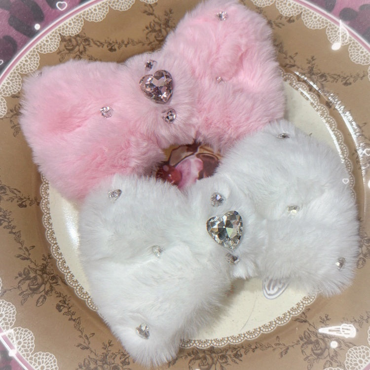 Bowknot Decoration Plush Pink/White with Gemstone Hairclip