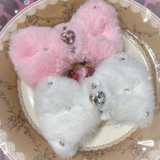 Bowknot Decoration Plush Pink/White with Gemstone Hairclip