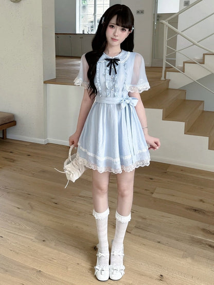 Blue Tulle Cape Peter Pan Collar Dress with Bow Tie Seiso Style - LA LA JK