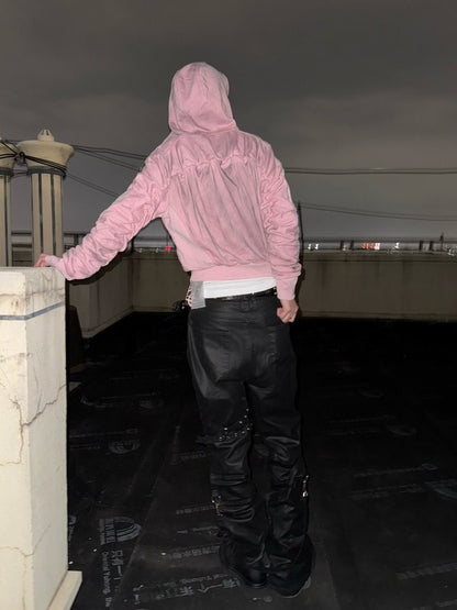 Genderless Punk Vintage Pink Zip-Up Hoodie with Letter Print - DETW OnLine