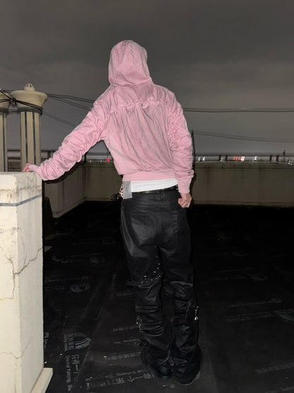 Washed Pink Zip Hoodie with Letter Print - DETW OnLine
