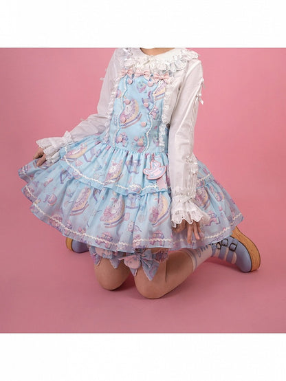 Cute Blue Lace Detailed Overall Gown with Detachable Apron Set - Vcastle
