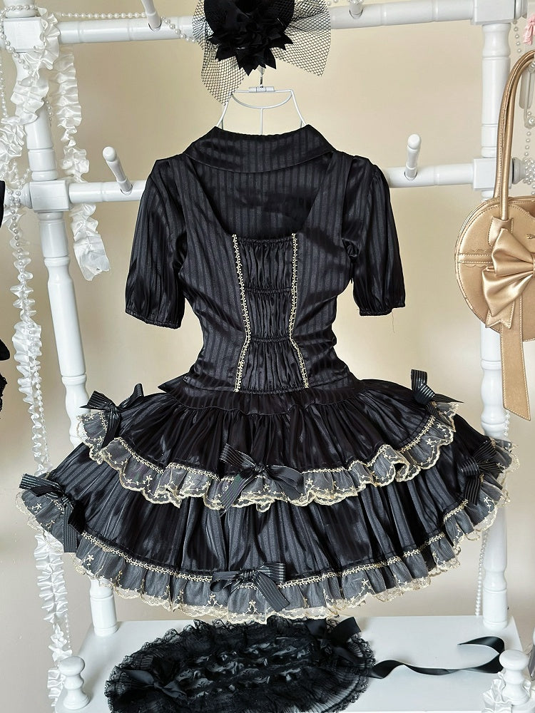 und Schleife Lolita Schwarze Akzente Gestreiftes Idol Stoff Goldkleid
