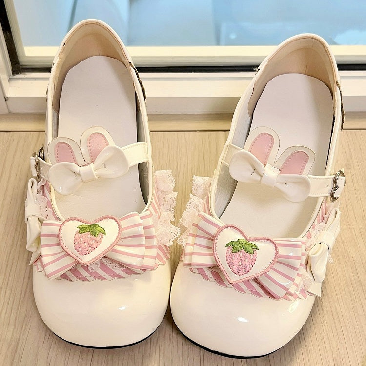 Heels Sweet White Embroidered with Lolita Mid Appliques Strawberry Heart