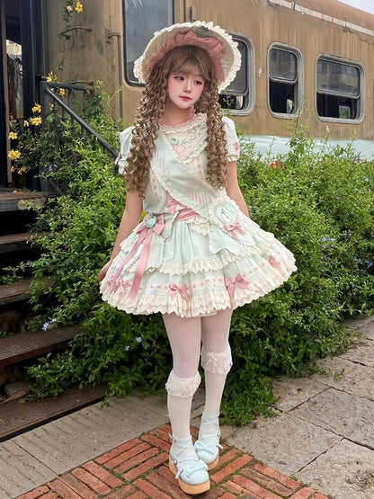 Mint Green Round Neck Short Sleeve Layered Ruffle Lolita OP with Apple Embroidery - Yinying Lolita