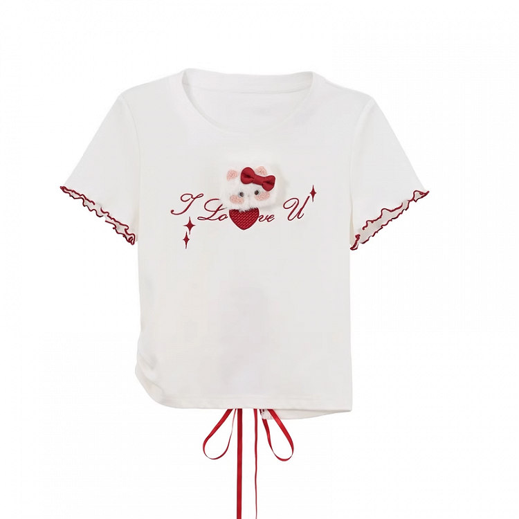 レースアップバック プラッシュキティ レタスヘム ホワイト Tシャツ