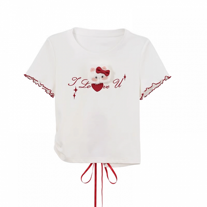 レースアップバック プラッシュキティ レタスヘム ホワイト Tシャツ