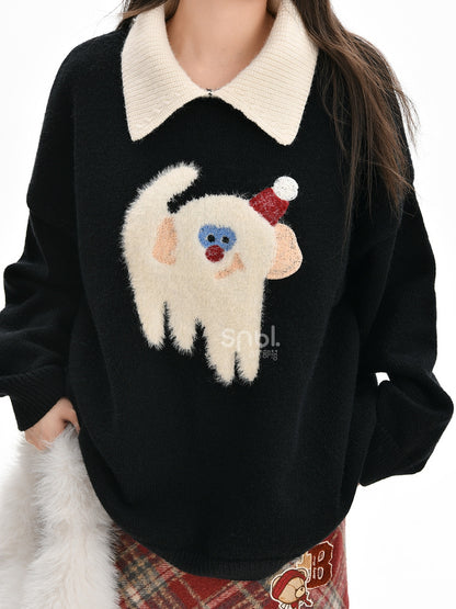 Cute Monkey Pattern Navy Blue Polo Collar Sweater