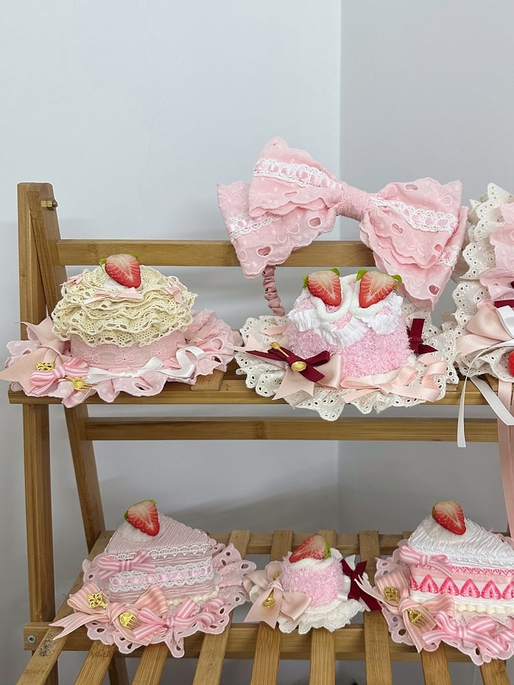 with Embellishments and Bow Mini Hat Pink Red Sweet Lolita Strawberry Cake-shaped