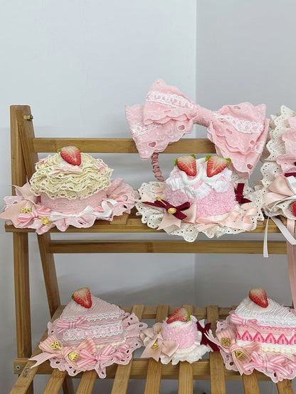 with Embellishments and Bow Mini Hat Pink Red Sweet Lolita Strawberry Cake-shaped
